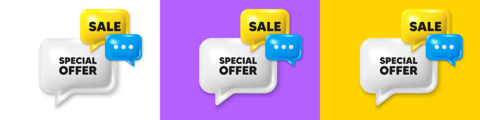 Chat speech bubble 3d icons. Special offer tag. Sale sign. Advertising Discounts symbol. Special offer chat text box. Speech bubble banner. Offer box balloon. Vector