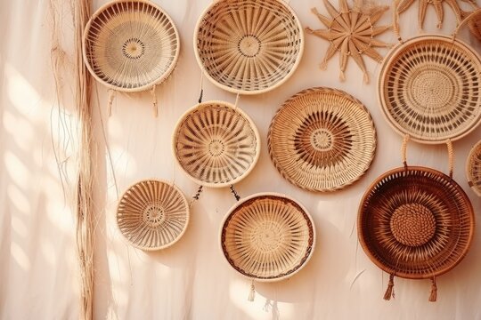 Bohemian style eco friendly rattan wall decor trendy room decoration with copy space