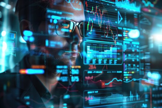 A holographic financial advisor displays a digital interface with charts and graphs, symbolizing AI-driven personal finance management in a futuristic setting