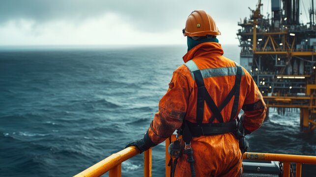 Hyperrealistic photo of: Offshore oil rig worker looking at the sea, symbolizing strength and determination in the energy industry. Professional color grading adds depth to this action shot, taken