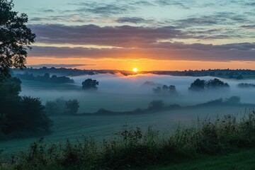 Scenic countryside with mist and sunrise, Monday morning, calm and refreshing