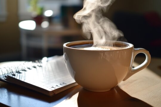 A steaming cup of coffee with a planner on the table, Monday morning, productivity and planning