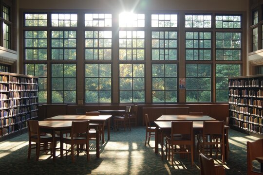 Quiet library with morning sunlight through windows, Monday morning, peaceful and studious