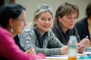 Obraz premium A group of adults in a language learning workshop, practicing conversation skills in pairs, eager to improve their fluency