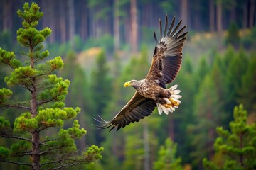 Obraz premium White tailed eagle flying over a pine tree in a forest