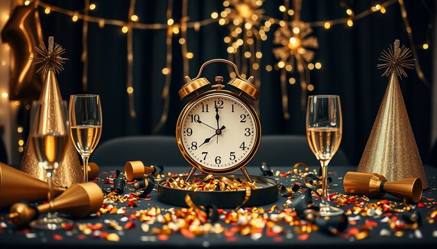 Festive table setting with clock, champagne, and party decorations.
