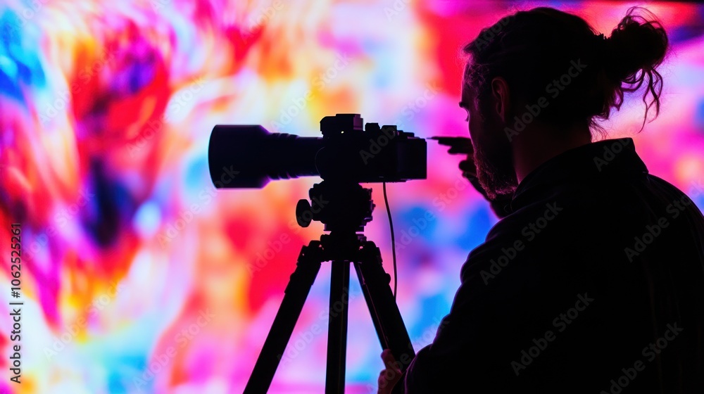 Poster a photographer captures a vibrant abstract background with a camera mounted on a tripod.
