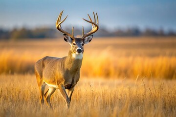 Fototapeta premium White tailed deer buck roaming the plains, with leading lines