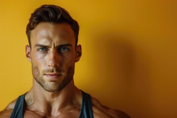 Fototapeta premium A strong, fit man with a sharp gaze and a calm demeanor, solid color background representing the integration of physical and mental fitness, ideal for gym advertising