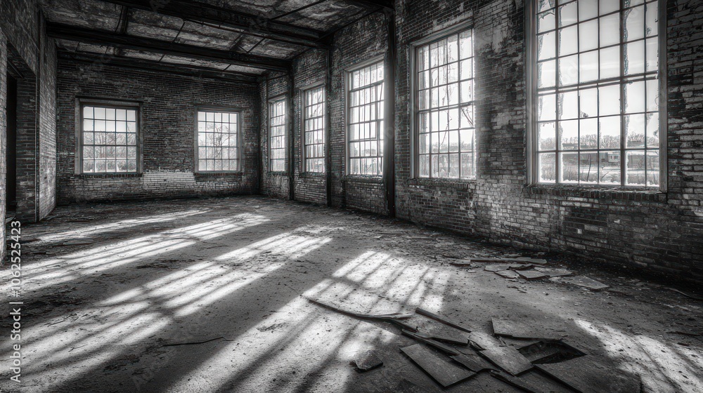 Poster sunlight streams through the windows of an abandoned brick factory.