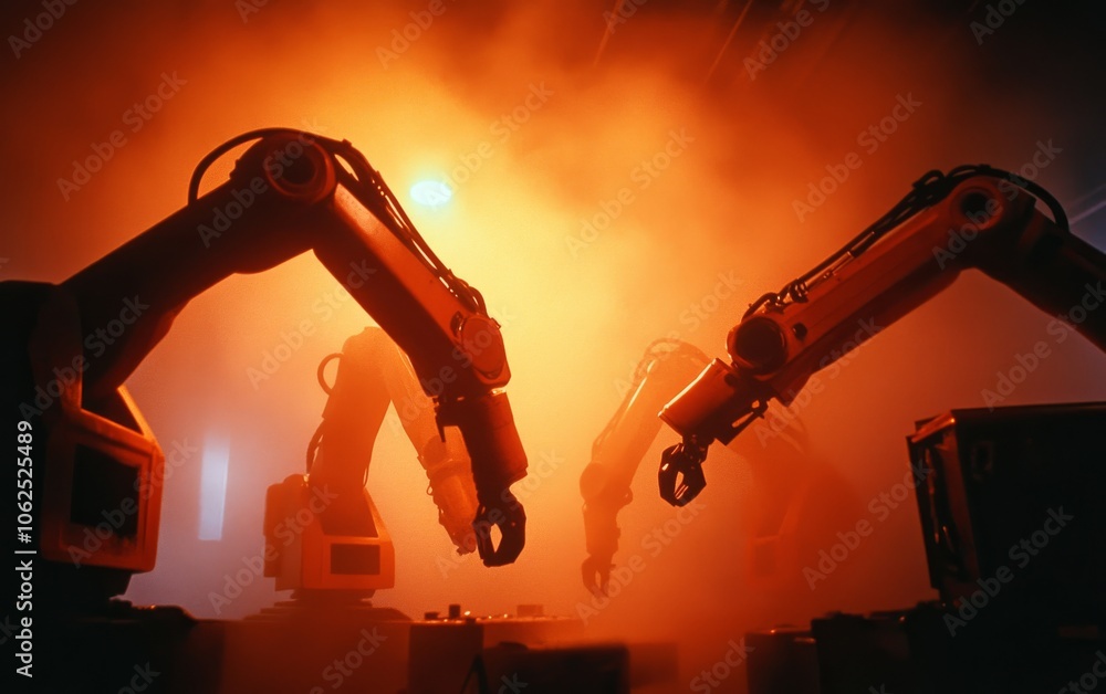 Poster exploring the future of automation with robotic arms in a dynamic environment