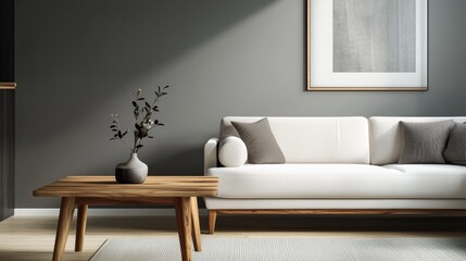 A realistic photo of a minimalist living room with a wooden coffee table beside a sleek white sofa. The grey wall with an art poster completes the modern, chic design. Professionally shot and color