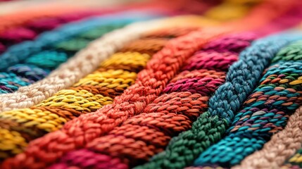 Close-up of colorful woven fabric with intricate patterns and texture.