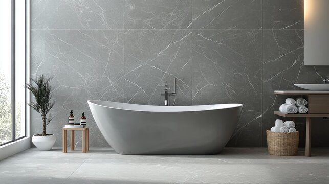 A realistic photo of a modern bathroom featuring sleek gray marble tiles and a freestanding bathtub The minimalist design and serene atmosphere create a luxurious space for relaxation and tranquility