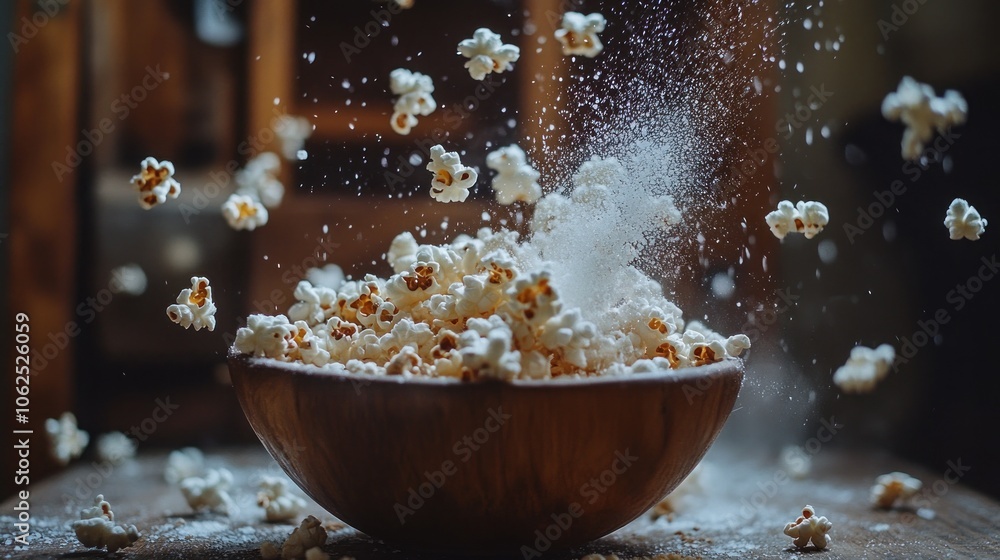 Poster popcorn exploding in a wooden bowl, creating a flurry of kernels and dust.