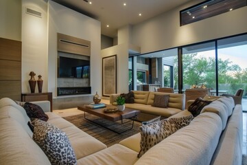 Modern living room with cozy atmosphere and contemporary design