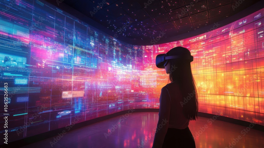 Poster a woman interacts with a high-tech vr headset in a technology-focused room brimming with colorful di