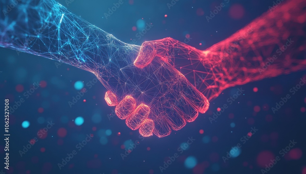 Poster Abstract Digital Handshake with Glowing Lines and Bokeh Background