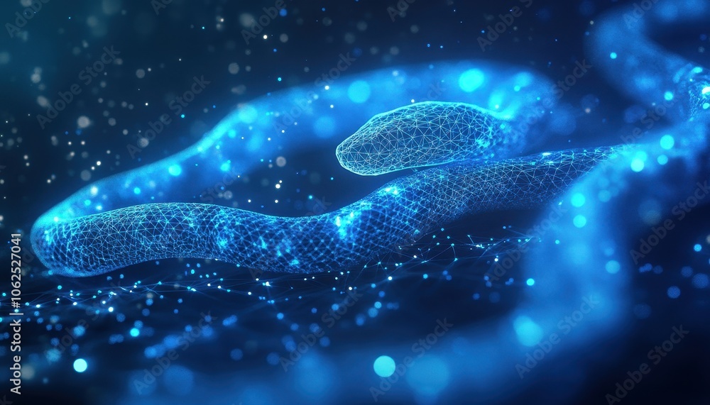Poster abstract digital snake with glowing blue lines and particles