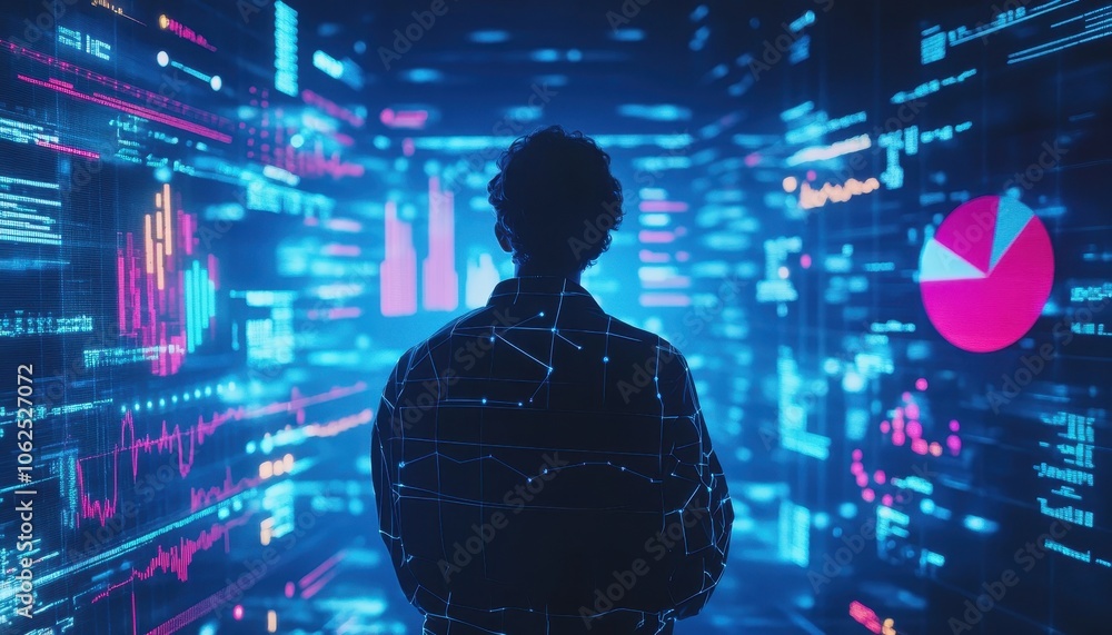 Poster a silhouette of a person standing in front of a wall of data and charts