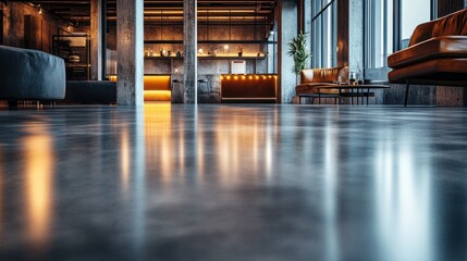 Polished concrete floor in a modern loft apartment with a view of a kitchen and living area.