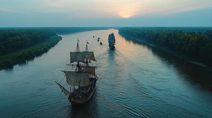 Obraz premium Sailing ship navigating a river at sunset, surrounded by lush greenery.