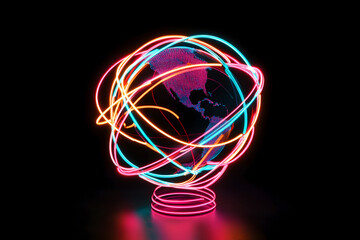 A dynamic 3D neon globe outlined by bright light streaks, illustrating worldwide sales predictions in a black space.