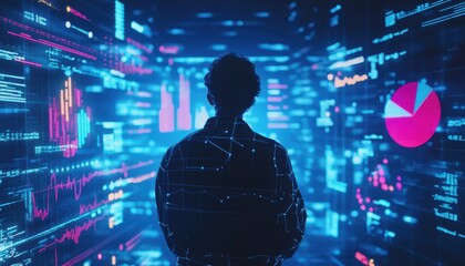 A Silhouette of a Person Standing in Front of a Wall of Data and Charts