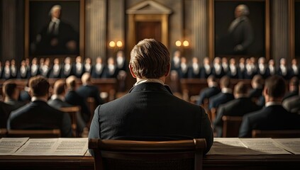 A formal meeting setting with a speaker addressing an audience.