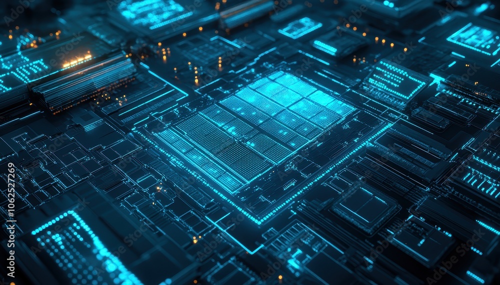 Poster abstract blue glowing circuit board with illuminated microchips