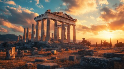 Obraz premium Ancient Greek temple ruins with god statue, open landscape, clouds, and sun rays.