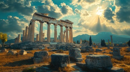 Ancient Greek temple ruins with god statue, open landscape, clouds, and sun rays.