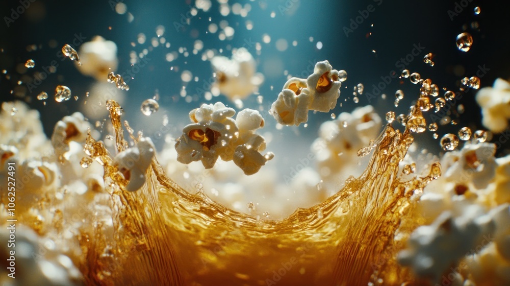 Aufkleber popcorn exploding out of a liquid splash, creating a burst of white kernels against a dark backgroun