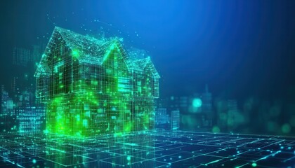 A Green Wireframe House Model in a Digital Cityscape
