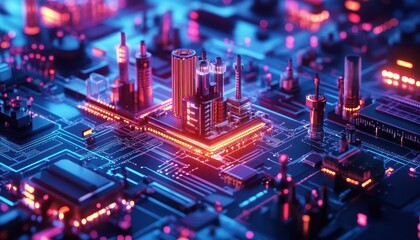 Obraz premium Futuristic Cityscape Built on Circuit Board with Neon Lights