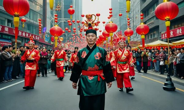Traditional Chinese parade with colorful costumes and decorations.