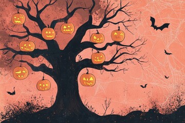 A Silhouetted Tree Adorned with Jack-o'-Lanterns and Bats