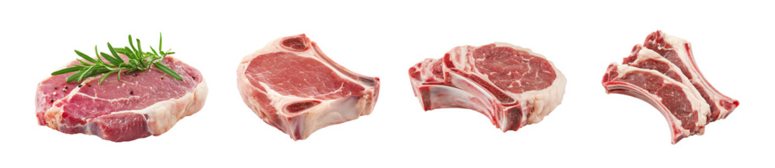 Fototapeta premium Four cuts of fresh meat with herbs, isolated on a white background.