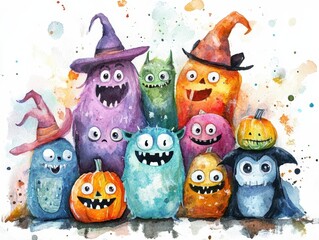 Obraz premium Watercolor Painting of Cute Halloween Monsters and Pumpkins
