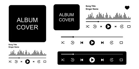 Music player screen with album cover window, buttons, progress loading bar and sound wave. Audioplayer or audiobook menu widget templates isolated on white background. Vector graphic illustration.
