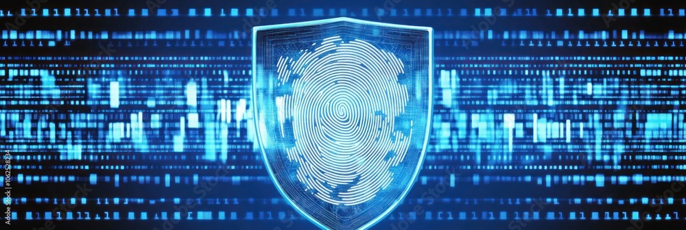 Aufkleber digital shield protection on a blue binary code background.