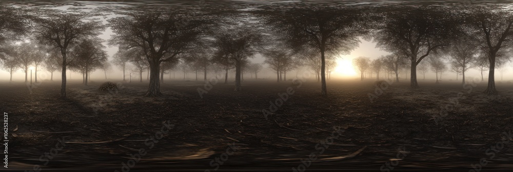 Poster sunrays through the fog in a mysterious forest.