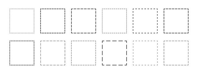 Set of geometric square shapes with dashed lines. Dotted figures isolated on white background. Simple cut here pictograms. Vector outline illustration.