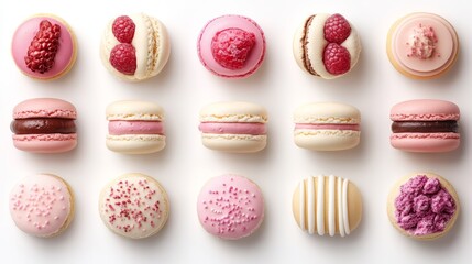 Obraz premium Pink and White Macarons and Pastries with Raspberry and Chocolate Filling on White Background