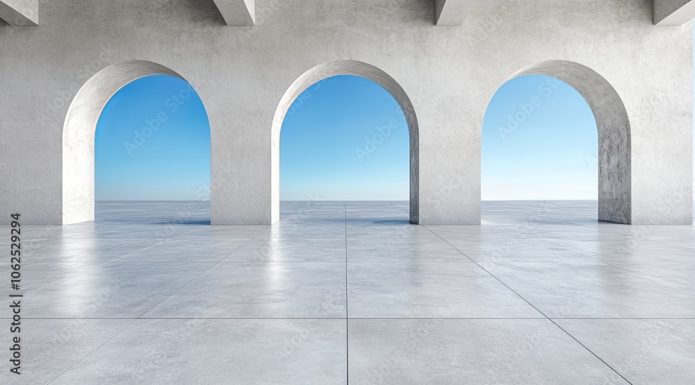 Poster exploring minimalist architectural design through open arches and serene views
