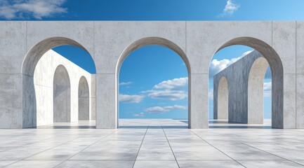Exploring minimalist architecture arched structures against a blue sky