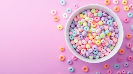 Obraz premium Colorful Cereal Rings in Bowl on Pink Background