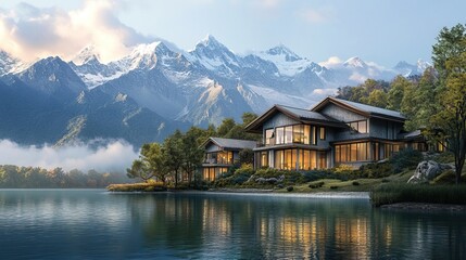 Obraz premium Mountain Retreat: Tranquil Villas Amidst Majestic Peaks and Verdant Trees on the Lake 