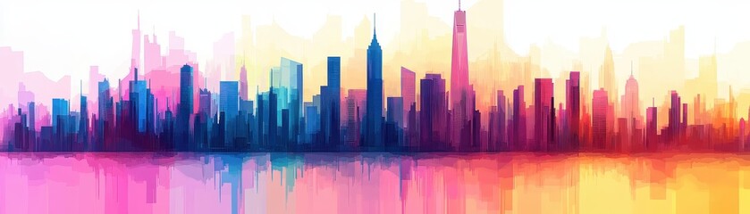 Obraz premium Vibrant Cityscape with Colorful Reflections, Representing Urban Growth and Modernity