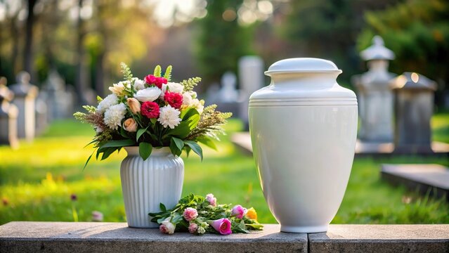 White urn for ashes with flowers in cemetery